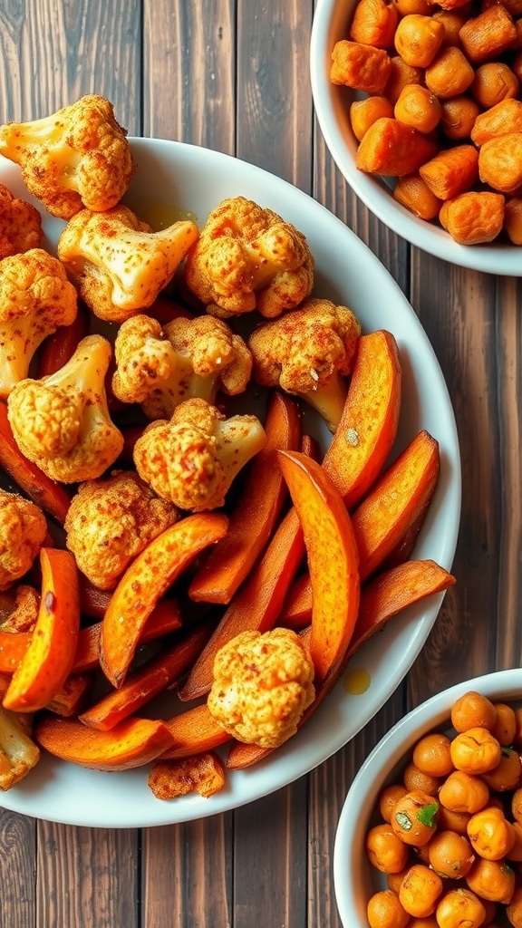 A colorful plate of air-fried vegan dishes including cauliflower wings, sweet potato fries, and crispy chickpeas.